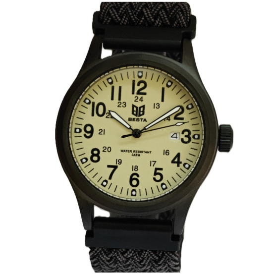 Чоловічий наручний годинник Besta Command Green Nylon 2 ремінці класичний круглий стрілковий