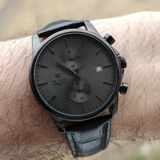Чоловічий наручний годинник Besta Mars Premium Leather Black 2 ремінці #12423