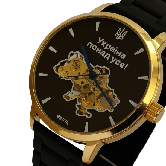 Чоловічий наручний годинник Besta Skeleton Gold Black Metal 2 ремінці #11167