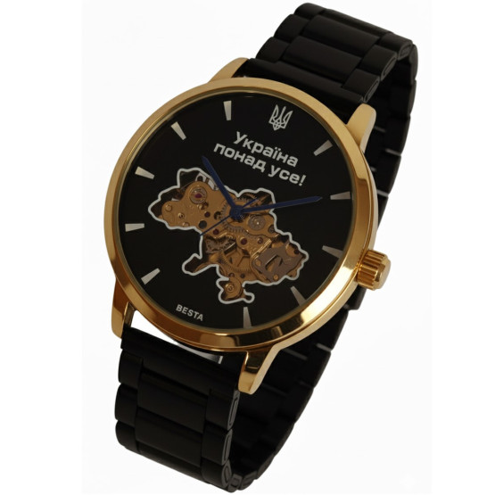 Чоловічий наручний годинник Besta Skeleton Gold Black Metal 2 ремінці #11168