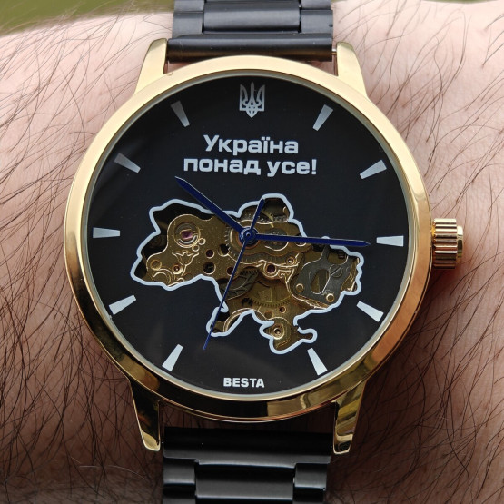 Чоловічий наручний годинник Besta Skeleton Gold Black Metal 2 ремінці #11173