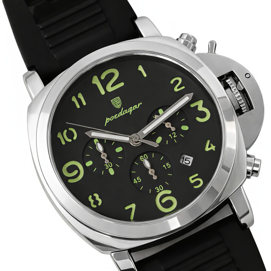Чоловічий наручний годинник Poedagar Luminious Rubber Black 2 ремінці #11720