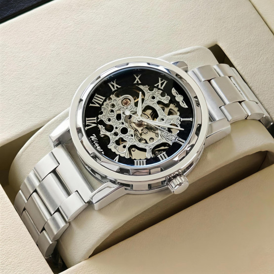 Чоловічий наручний годинник Winner Black Pure Silver 2 ремінці #12366