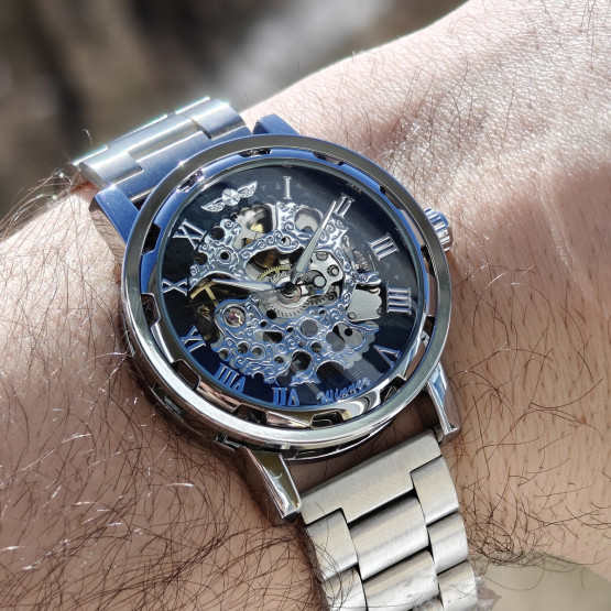 Чоловічий наручний годинник Winner Black Pure Silver 2 ремінці #12371