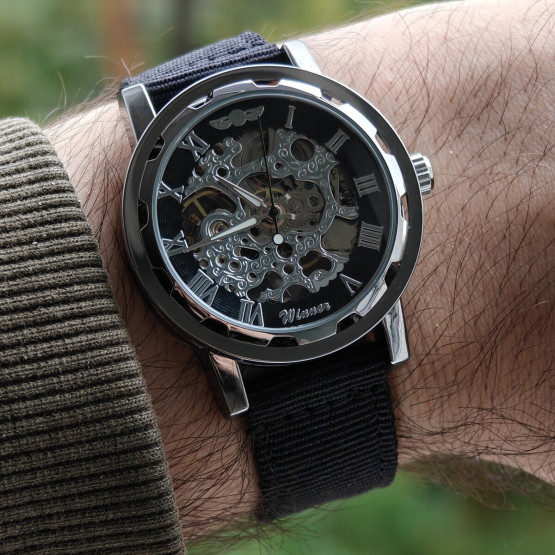 Чоловічий наручний годинник Winner Black Textile Classic 2 ремінці #11188