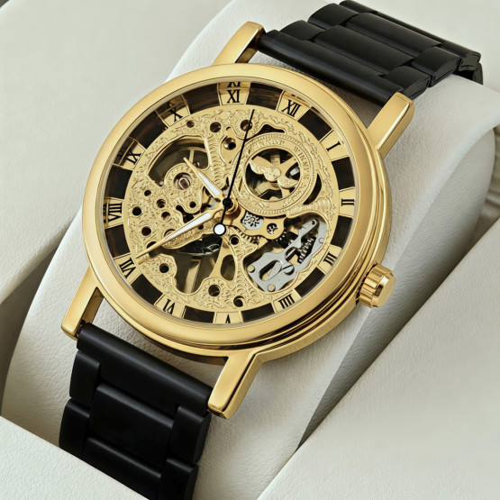 Чоловічий наручний годинник Winner Gold Metal Black 2 ремінці #13705