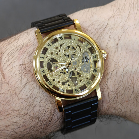 Чоловічий наручний годинник Winner Gold Metal Black 2 ремінці #13710