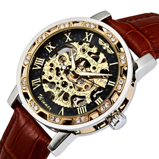 Чоловічий наручний годинник Winner Naturale Skeleton Leather 2 ремінці #13328