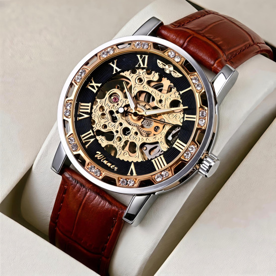 Чоловічий наручний годинник Winner Naturale Skeleton Leather 2 ремінці #13329