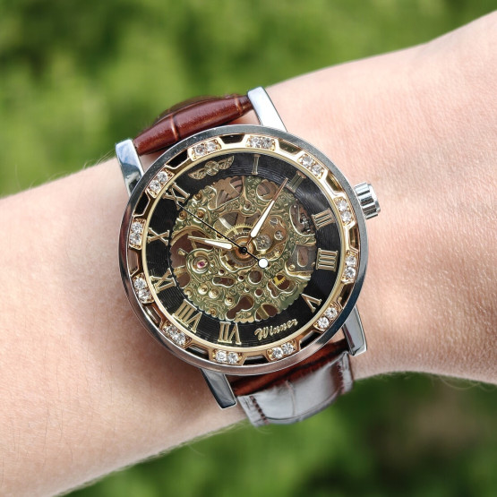 Чоловічий наручний годинник Winner Naturale Skeleton Leather 2 ремінці #13334