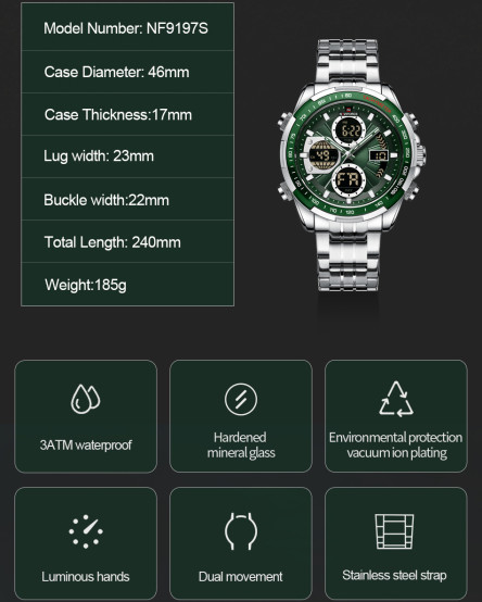 Годинник чоловічий Naviforce Fly Steel підсвітка секундомір будильник #10822