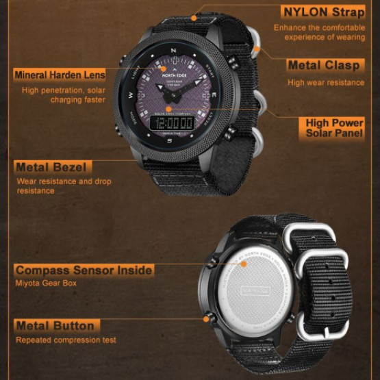 Годинник чоловічий North Edge Solar Compass наручний годинник North Edge #4236