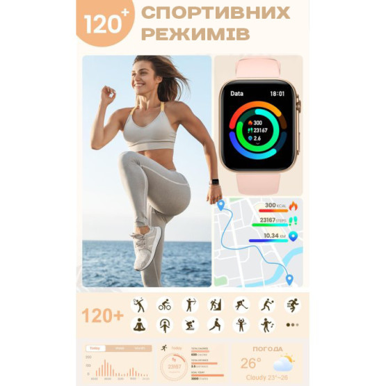 Смарт-годинник Smart Sensation Pink, 2 ремінці розумний годинник UWatch #6562