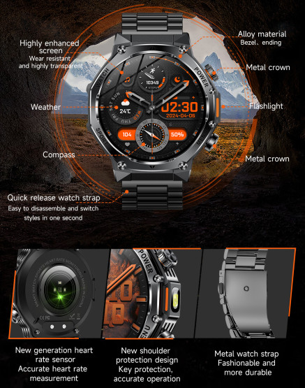 Смарт-годинник Smart Surf X Pro Black Steel з компасом 2 ремінці розумний годинник UWatch #9988