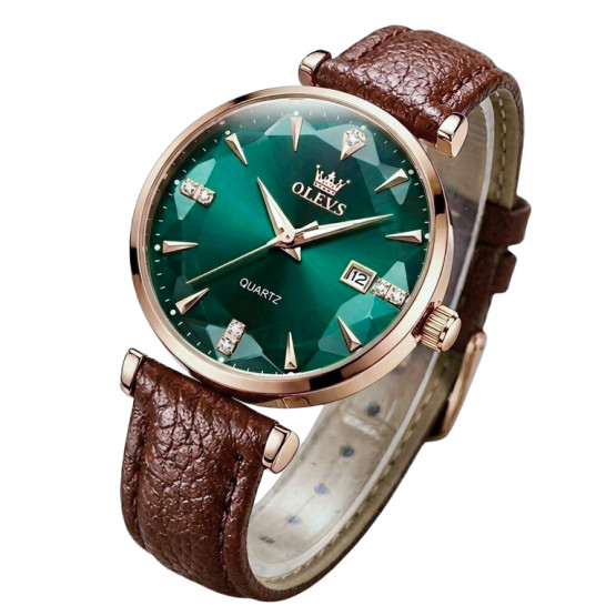 Жіночий наручний годинник Olevs Diamond Leather Brown 2 ремінці #13746