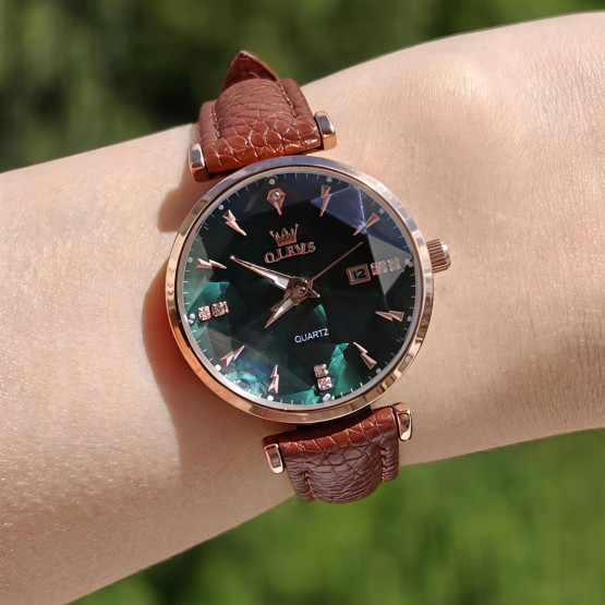 Жіночий наручний годинник Olevs Diamond Leather Brown 2 ремінці #13751